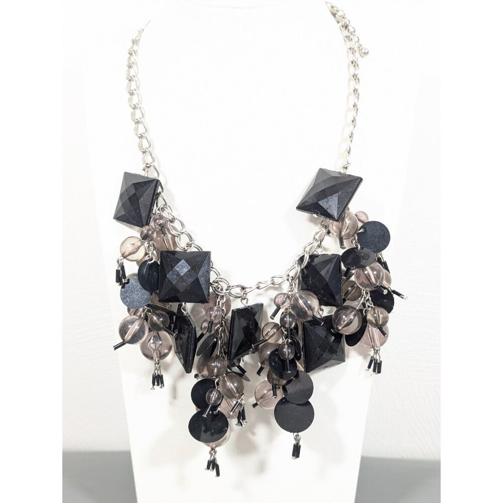 Black‎ Smokey Gray Chunky Charm Bold Statement Necklace Modernist Retro 20 in